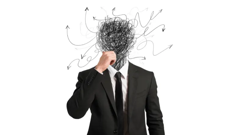 man in suit with disorganized scribbling for his head